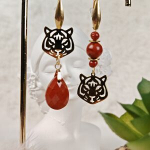 Boucles d’oreilles asymétriques Tigre et Jaspe Rouge en acier inoxydable 316L