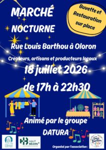 Marché nocturne d'Oloron-Sainte-Marie le 18 juillet 2026 avec créateurs, artisans, producteurs locaux et Les Fées des Gemmes, bijoux en pierres naturelles.