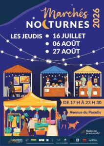 Marchés nocturnes de Lourdes les 16 juillet, 6 août et 27 août 2026 avec artisans, créateurs locaux et Les Fées des Gemmes, bijoux en pierres naturelles.